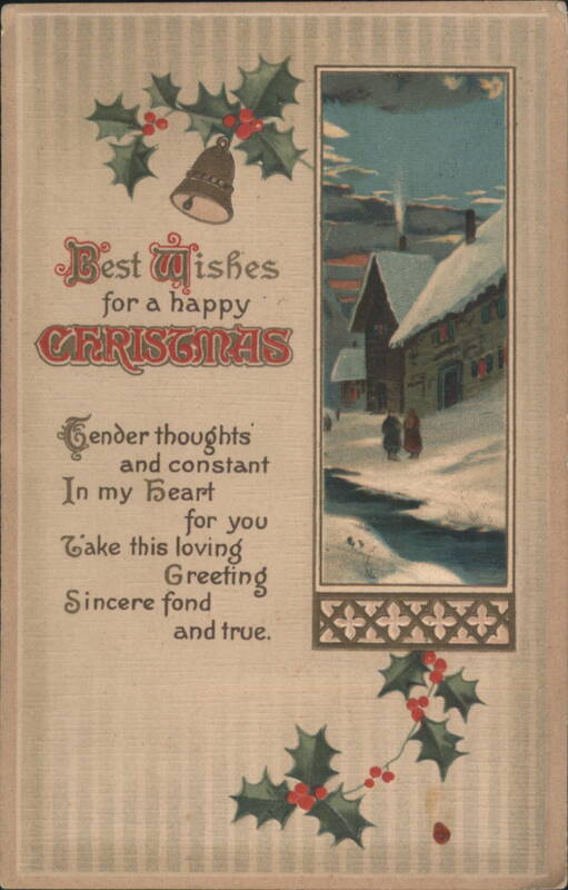 Christmas Greeting Card with Snowy Village Scene and Holly, 1912