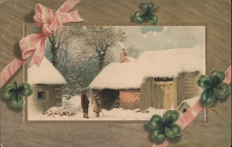 Friendships Greetings Winter Scene with Snow-Covered Cottages & Shamrocks
