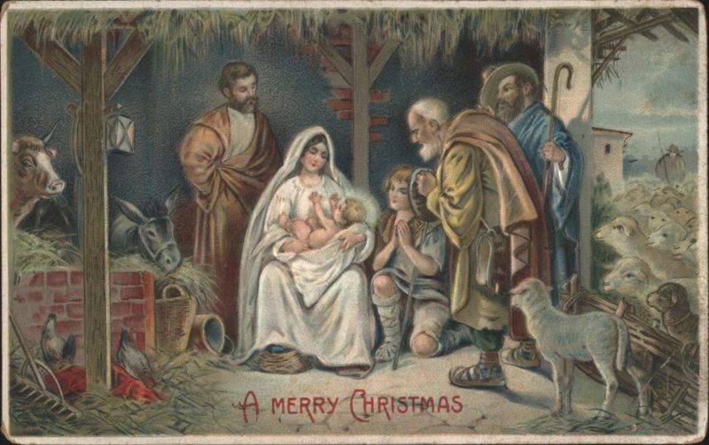 Nativity Scene with Madonna, Child, Shepherds, and Animals, A Merry Christmas