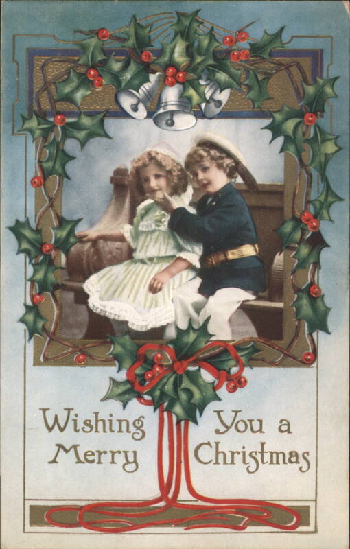 Children in Holly & Bells Frame Wishing Merry Christmas, Boy in Sailor Uniform