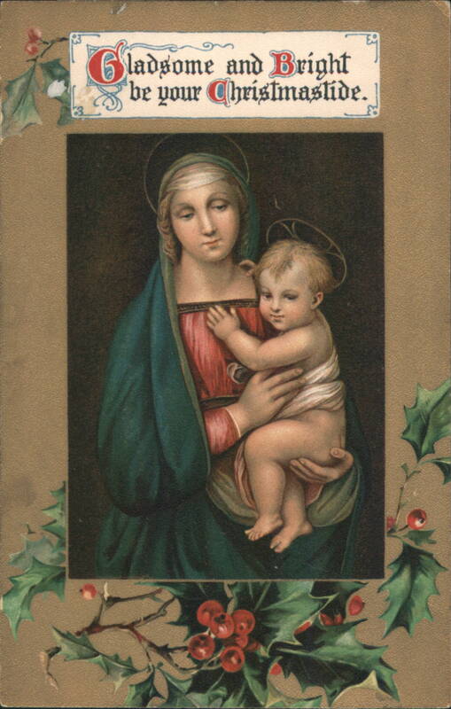 Madonna and Child Christmas Greeting with Holly Border