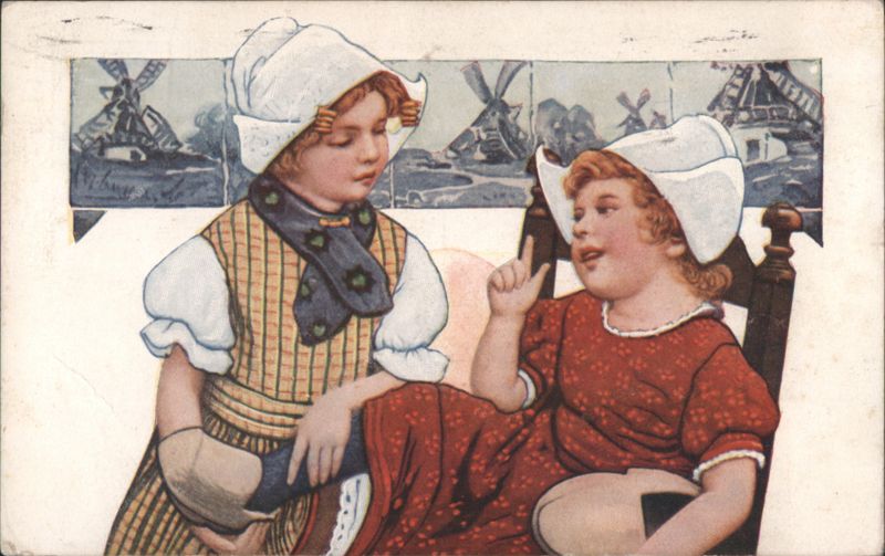 Two Dutch Girls in Traditional Attire with Windmills in Background