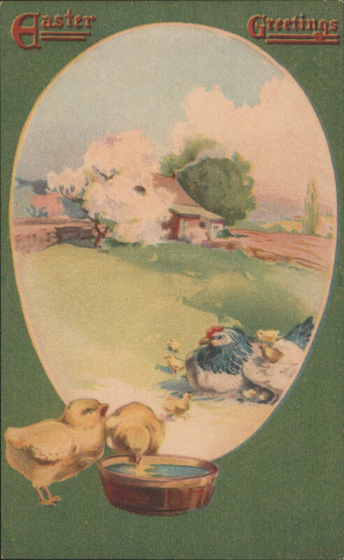 Easter Greetings with Hen, Chicks, and Farmhouse Scene