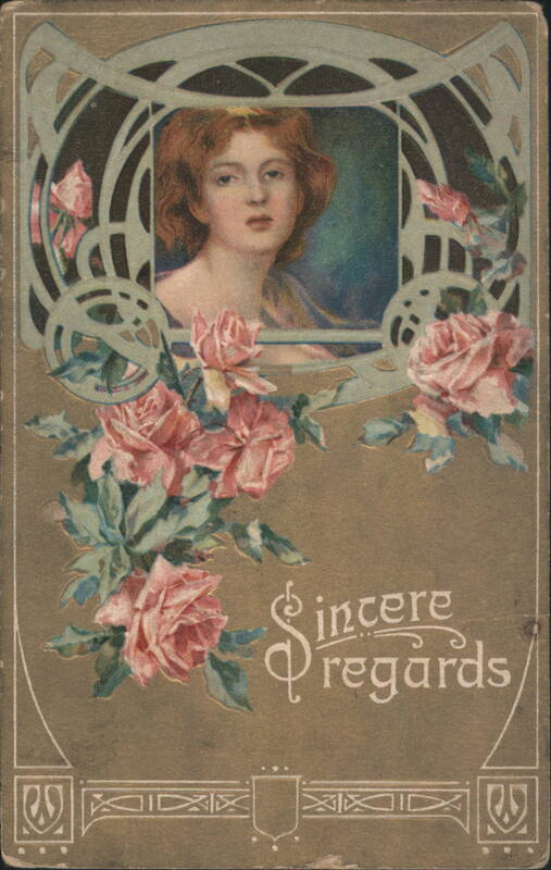 Art Nouveau Woman's Portrait, Pink Roses, Sincere Regards Greeting