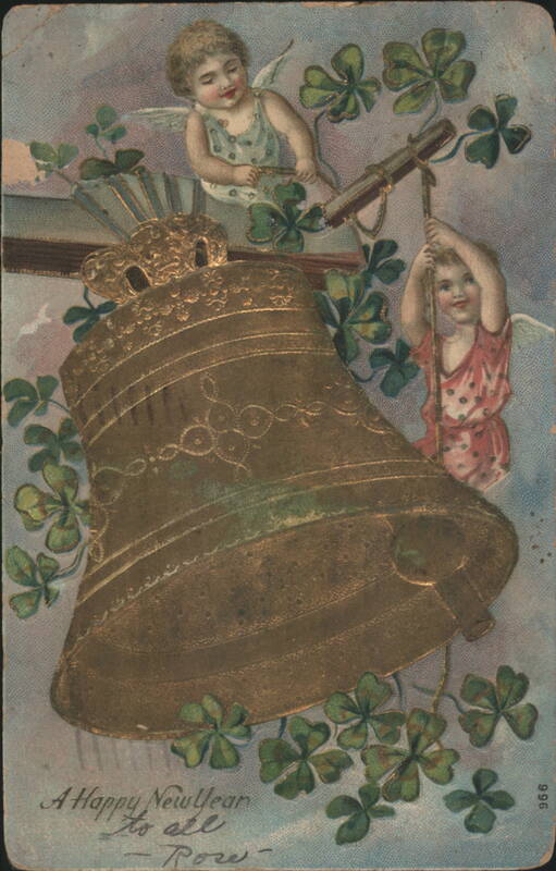 New Year's Golden Bell with Cherubs & Shamrocks, 1906 Greeting