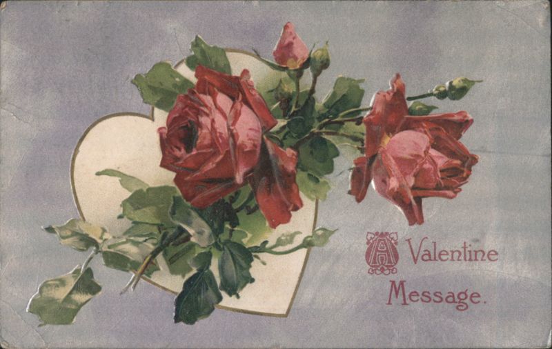 1910 Valentine Message: Red Roses on Heart Design Flowers