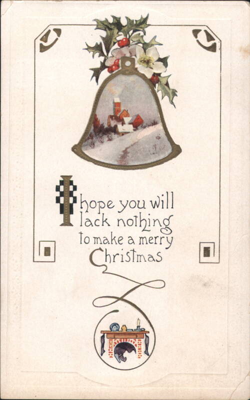 Christmas Bell with Snowy Village Scene, Holly, and Fireplace Greeting