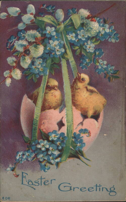 Easter Greeting with Two Chicks in Broken Eggshell & Blue Flowers