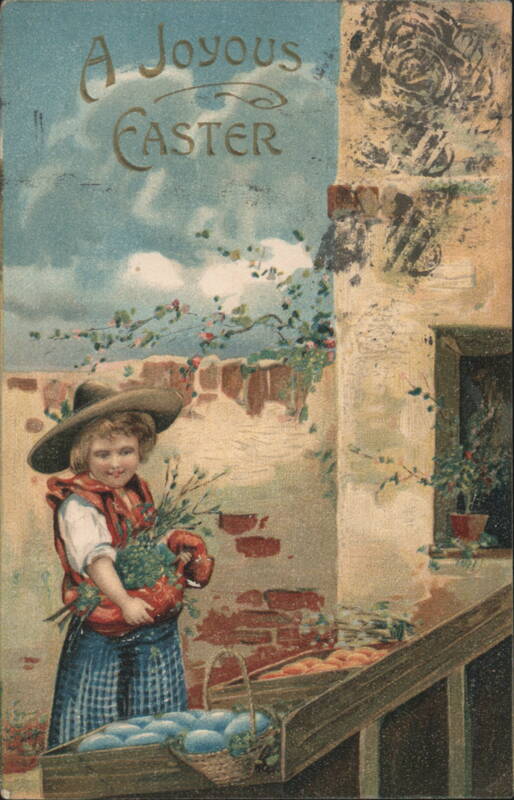 A Joyous Easter Greeting with Girl in Hat Holding Basket of Greenery