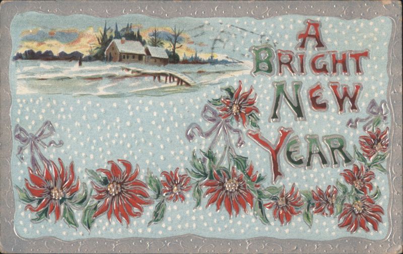 A Bright New Year Greeting, Snowy Landscape with House and Bridge