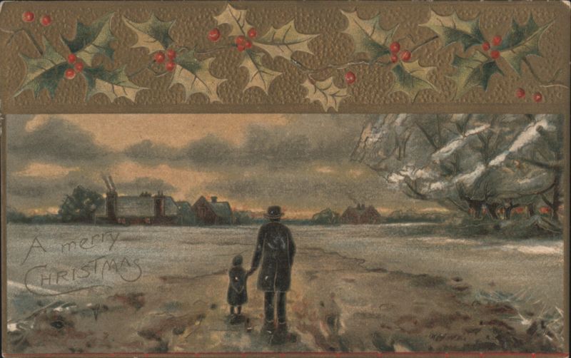 A Merry Christmas Man & Child Walking Through Snowy Village with Holly Border
