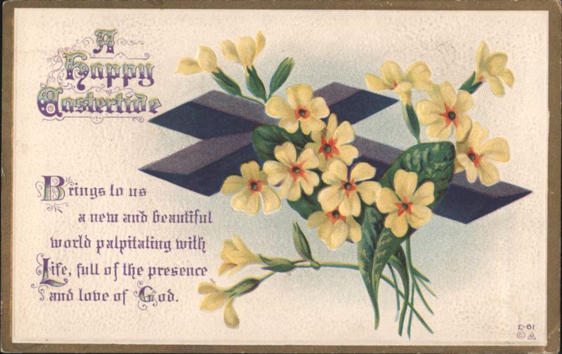 Happy Eastertide Greeting with Primrose Flowers and Cross