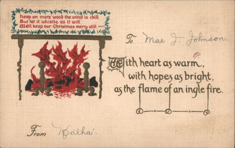 Christmas Fireplace Greeting with 'Heap on More Wood' Poem