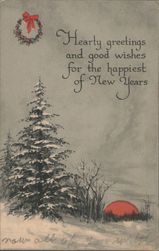 New Year's Greetings: Snowy Evergreen Tree and Red Sunset
