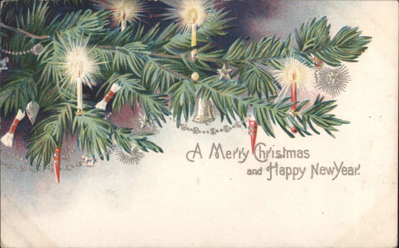 Merry Christmas & Happy New Year, Lit Candles on Decorated Tree Branches