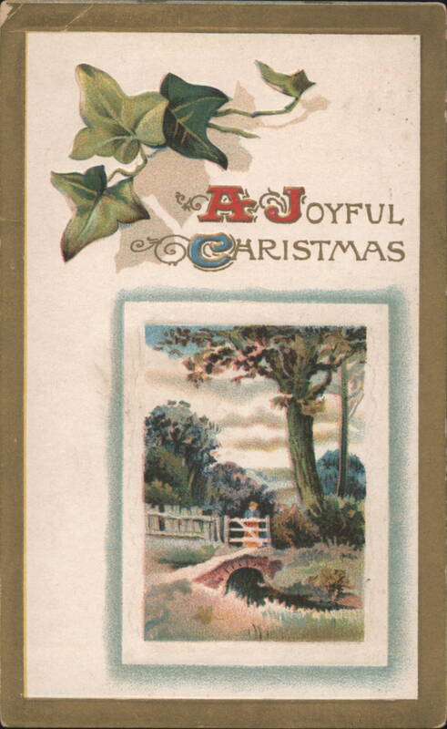 A Joyful Christmas Greeting with Serene Landscape and Stone Bridge
