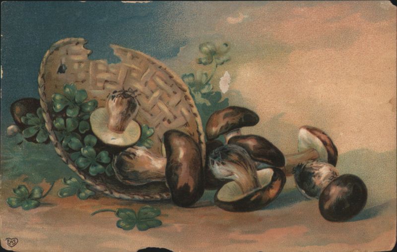 Still Life of Mushrooms, Broken Basket, and Clover