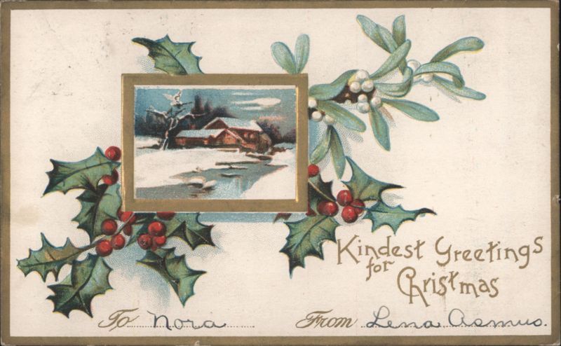 Holly Mistletoe Winter Scene Kindest Greetings for Christmas