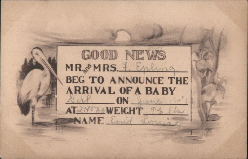 GOOD NEWS: Baby Girl Enid Louise Epling Birth Announcement with Stork