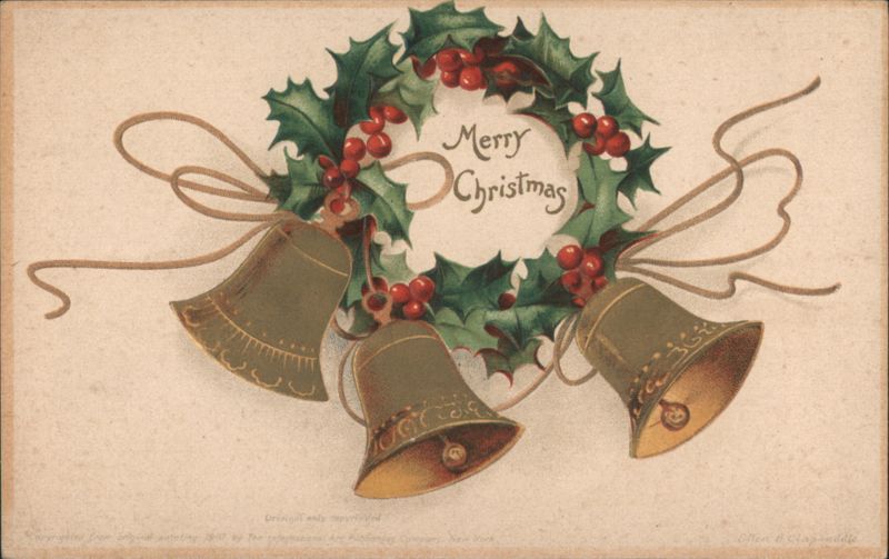 Merry Christmas Wreath with Holly, Berries & Bells by Ellen H. Clapsaddle