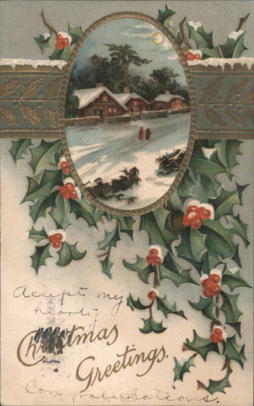Christmas Greetings, Snowy Winter Scene with Holly and Berries