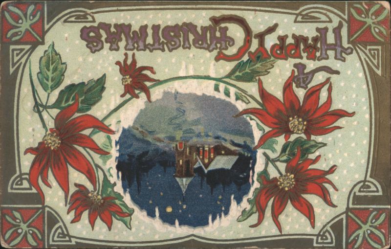 Happy Christmas Greeting, Poinsettias, Snowy Village, Art Nouveau Border
