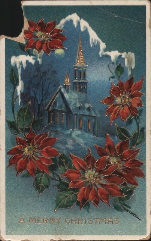 Snowy Church with Poinsettias, A Merry Christmas Greeting