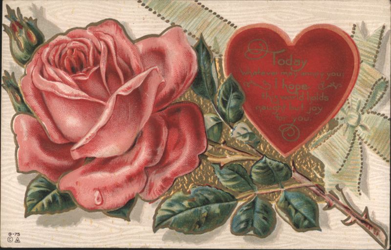 Pink Rose, Red Heart with Poetic Greeting & Green Ribbon