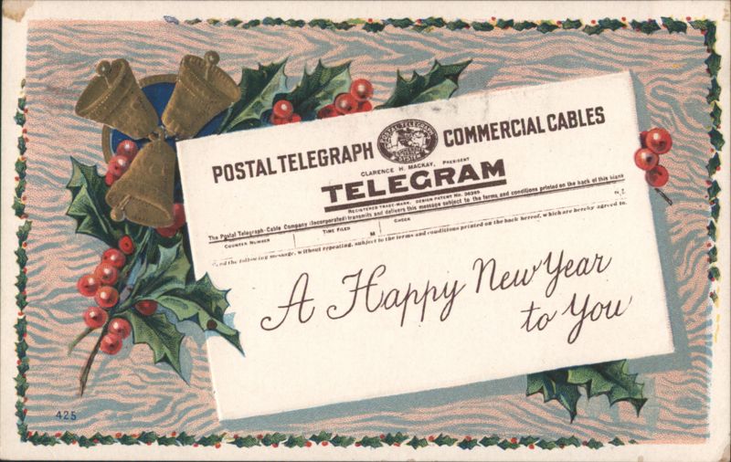 New Year's Telegram with Holly & Bells - Postal Telegraph Commercial Cables