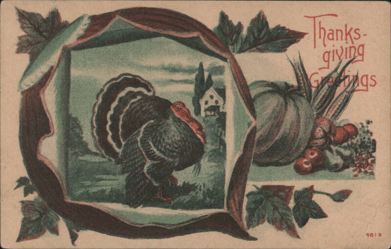 Thanksgiving Greetings with Turkey, Pumpkin, Corn, and Autumn Leaves