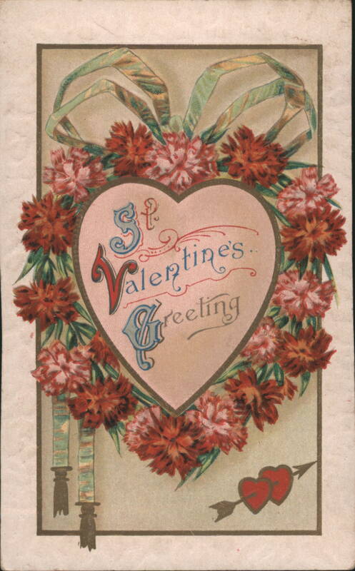 St. Valentine's Greeting Heart with Flowers, Ribbon, and Cupid's Arrow