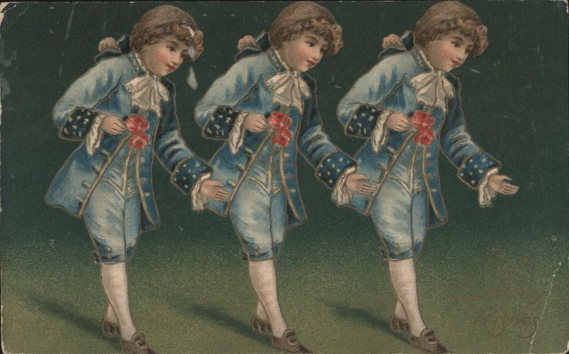 Three Boys in 18th-Century Attire Dancing with Red Flowers