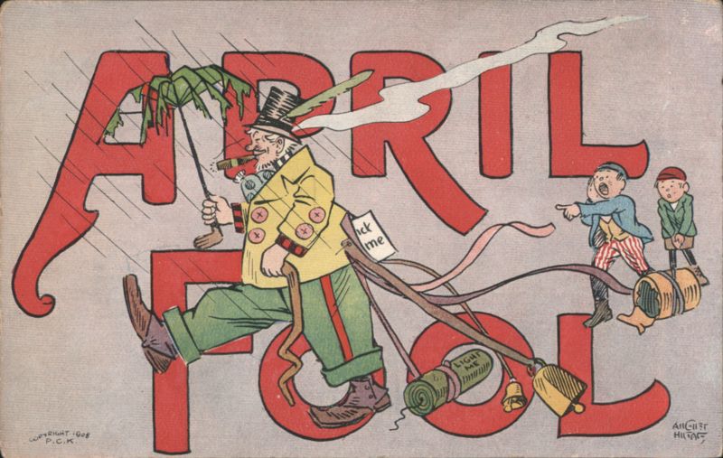 April Fool's Day Comic: Man with Pranked Umbrella and Trailing Objects