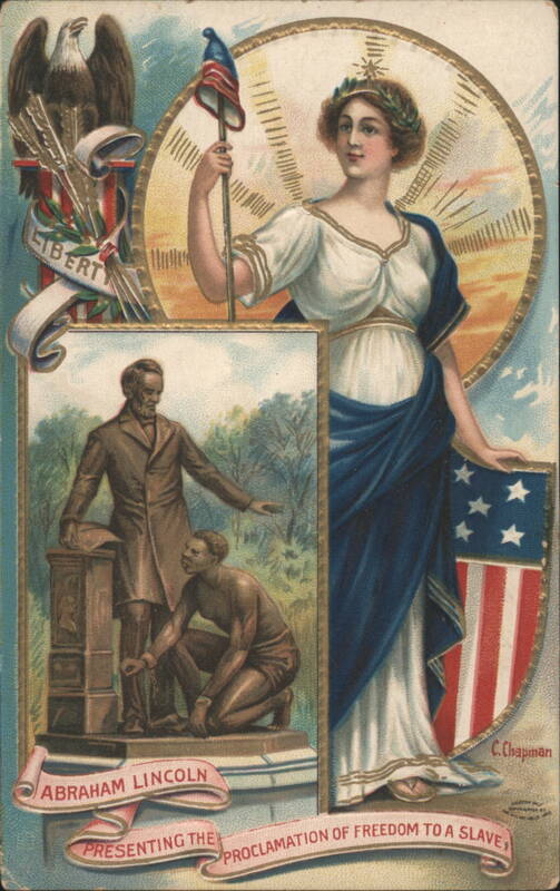 Abraham Lincoln Presenting Proclamation of Freedom to a Slave, Liberty Allegory