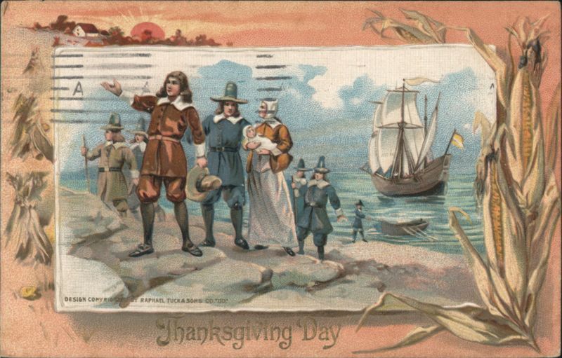 Thanksgiving Day Pilgrims & Native Americans with Ship