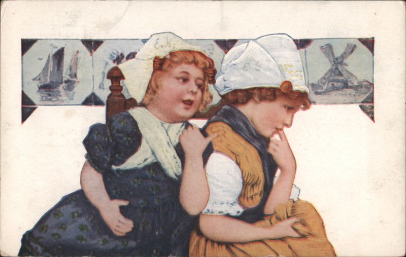 Two Dutch Girls in Traditional Costumes with Windmill and Sailboat