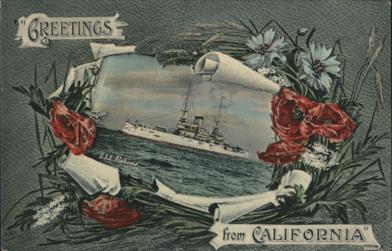 USS Alabama Battleship, Floral Wreath, Greetings from California