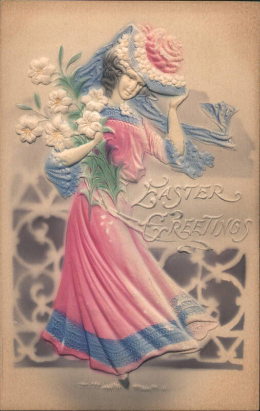 Woman in Pink Dress & Blue Hat with Lilies for Easter Greetings