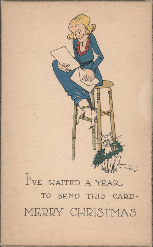 Woman Reading Letters, Cat with Holly Wreath, Merry Christmas Greeting