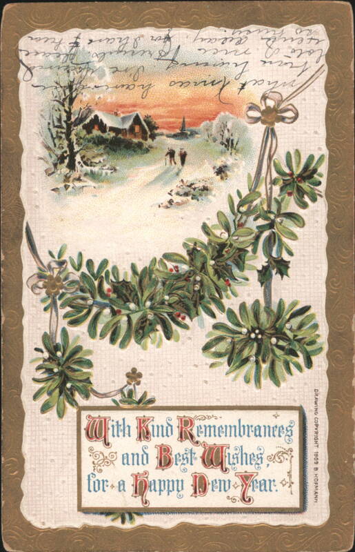 Happy New Year Winter Scene with Mistletoe and Snowy Path