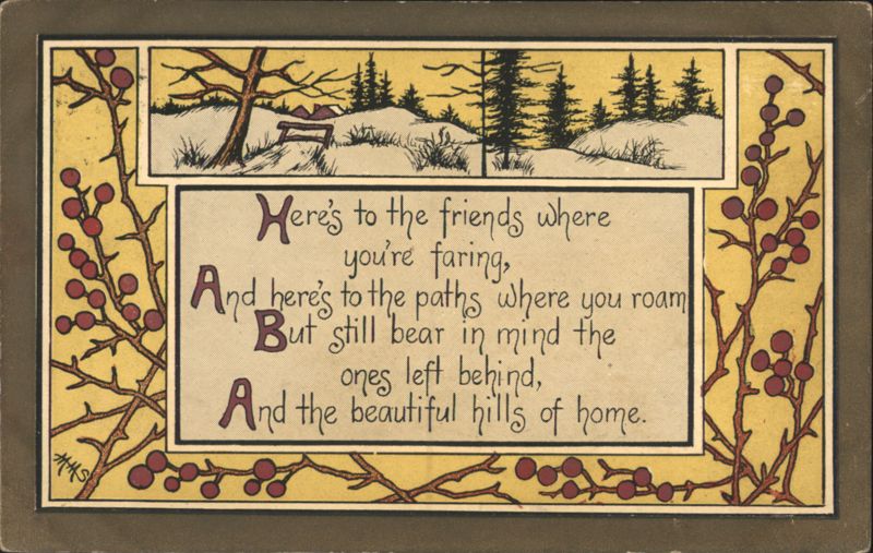 Poem: Here's to the friends, snowy hills, red berries, winter scene