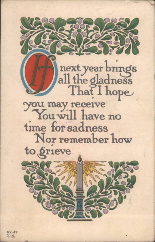 New Year's Greeting with Ornate 'If' Initial, Poem, and Candle Design