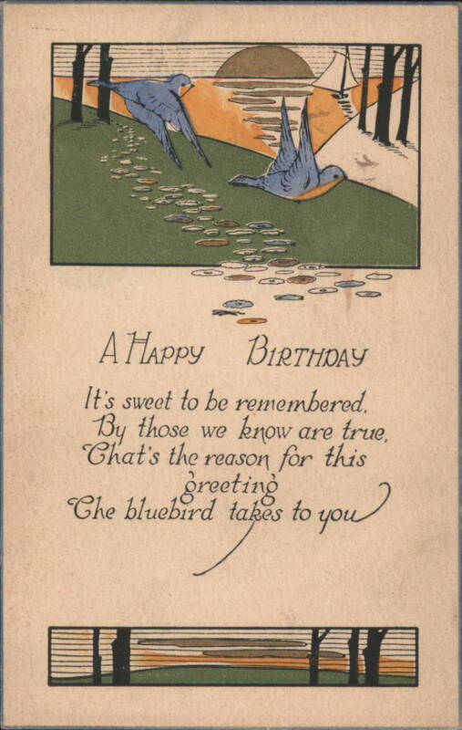 Arts & Crafts Happy Birthday Bluebirds at Sunset Greeting, 1919