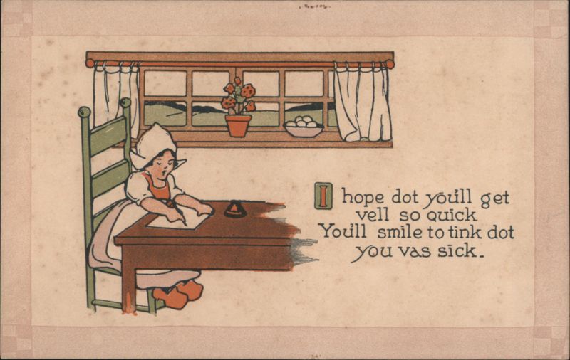 Dutch Girl Writing Get Well Message at Table by Window
