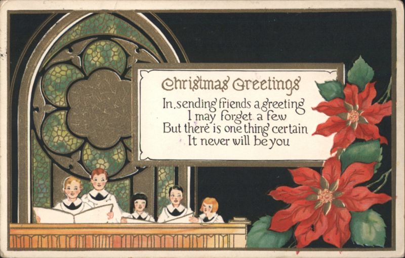 Christmas Greetings with Choir Children, Stained Glass, and Poinsettias