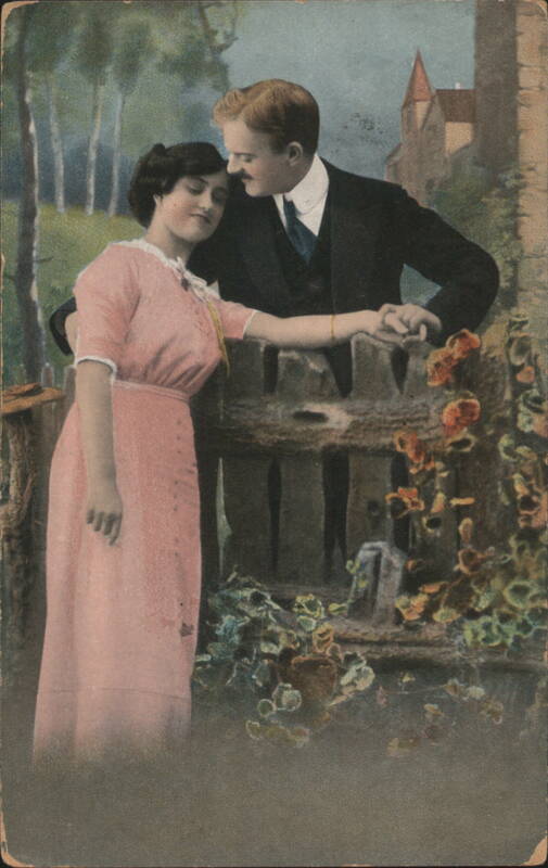 Romantic Couple by Fence, Hand-Colored Portrait, 1914 Vienna Postmark