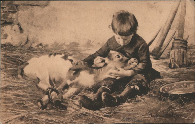 Child Embracing Calf in Barn - A Parting by Marianne Stokes