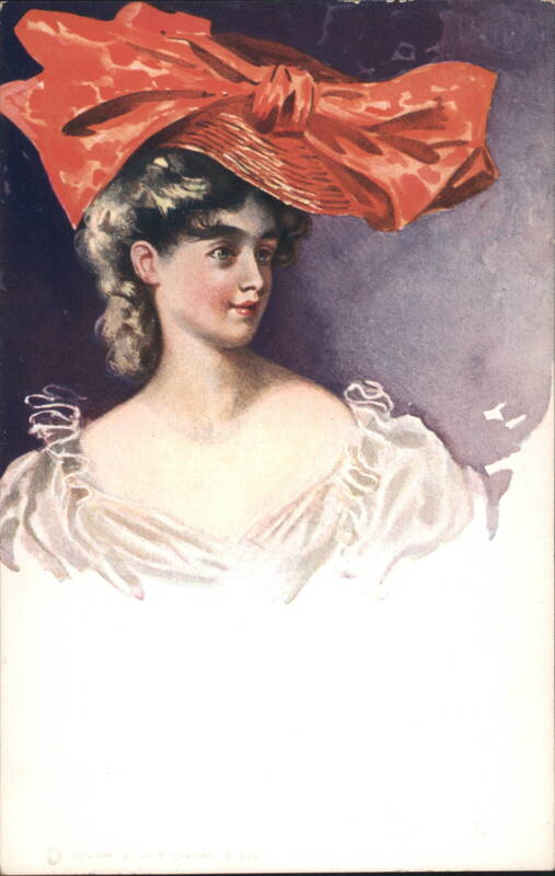 Elegant Woman in Large Red Bow Hat, Off-Shoulder Dress Illustration
