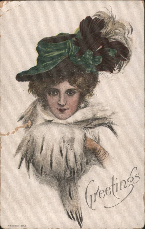 Woman in Elaborate Feathered Hat and Fur Stole with 'Greetings'