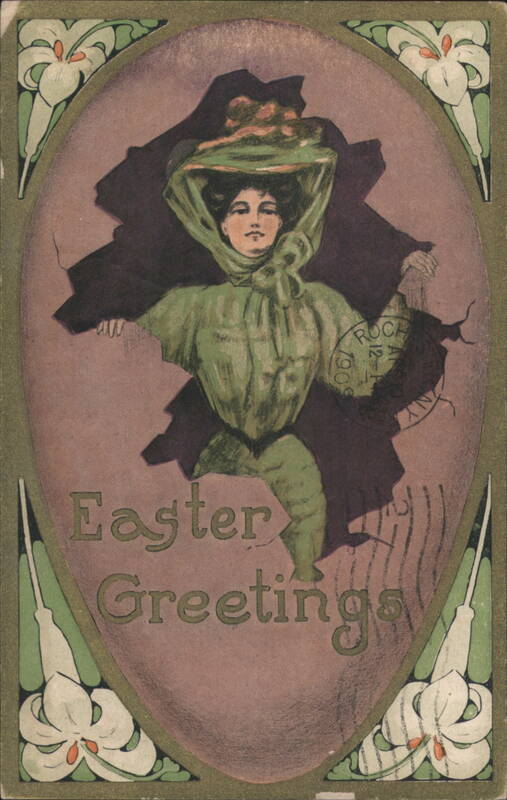 Easter Greetings Woman in Green Dress with Lilies and Egg Frame
